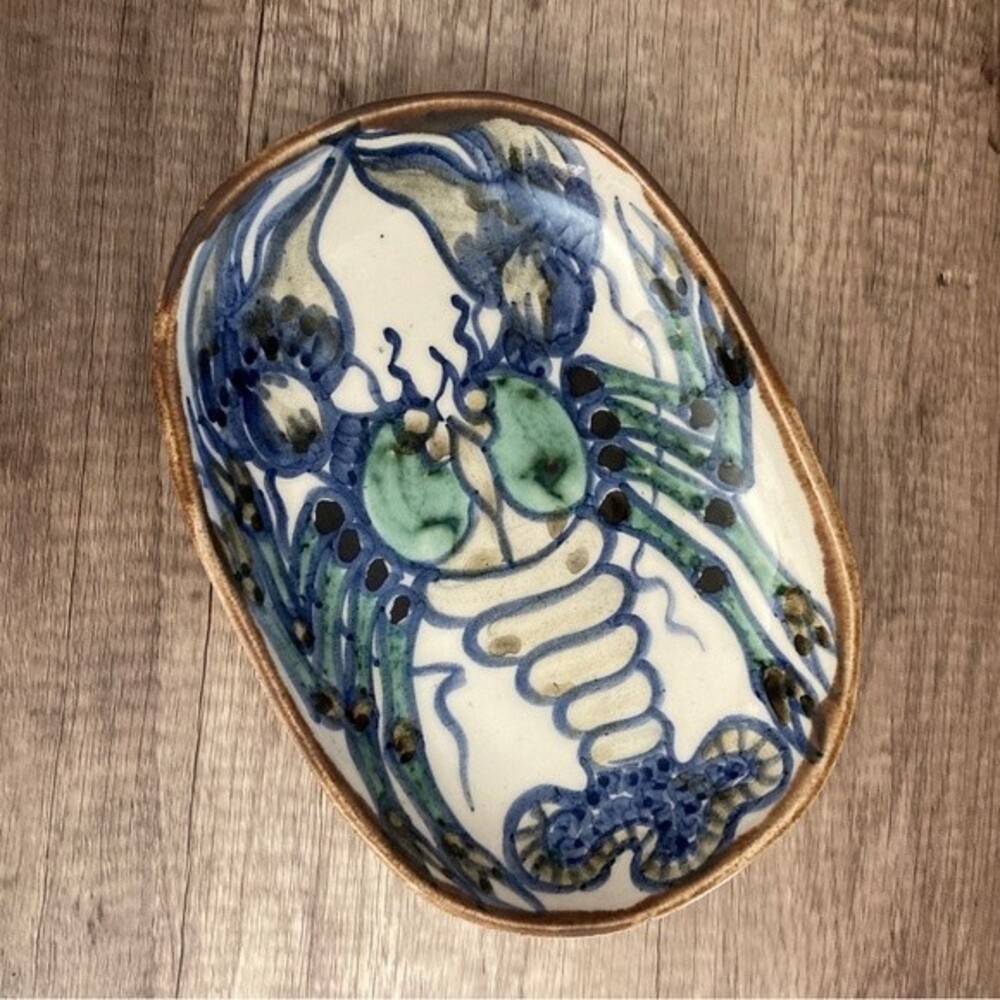 Blue Lobster Serving Bowl Studio Art Pottery Coastal Nautical